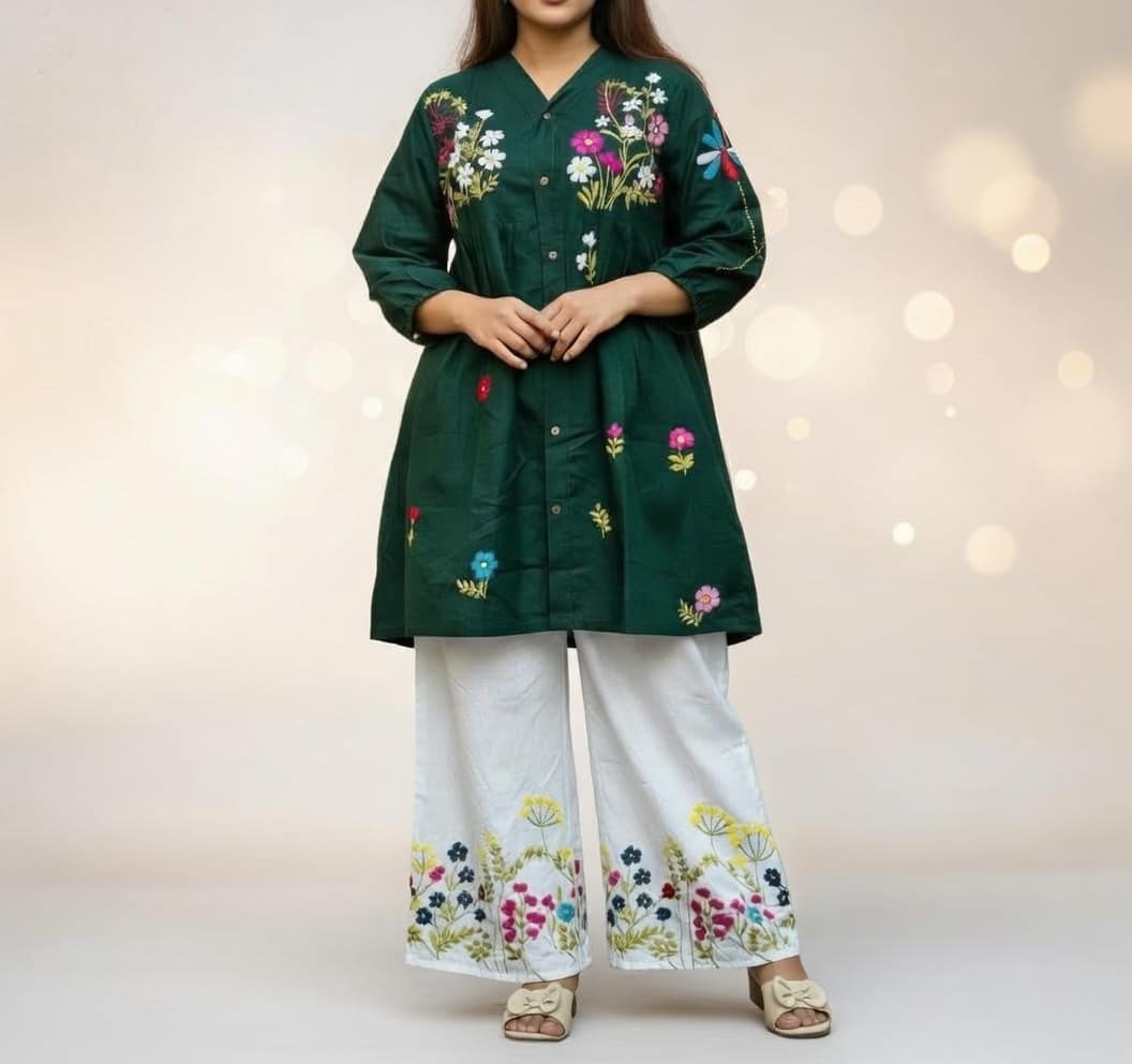 Emerald Bloom Hand-Embroidered Cotton Co-ord Set