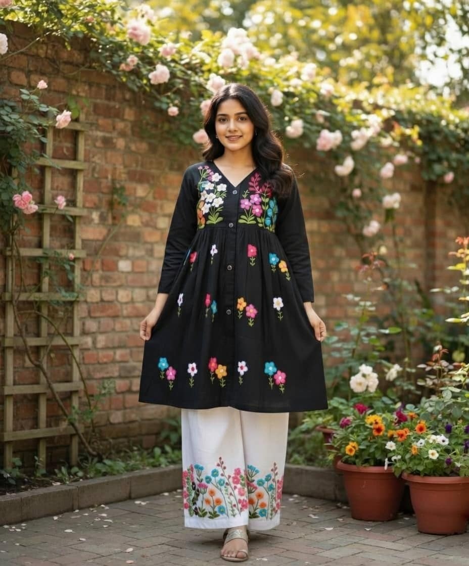 Midnight Bloom Hand-Embroidered Cotton Co-ord Set