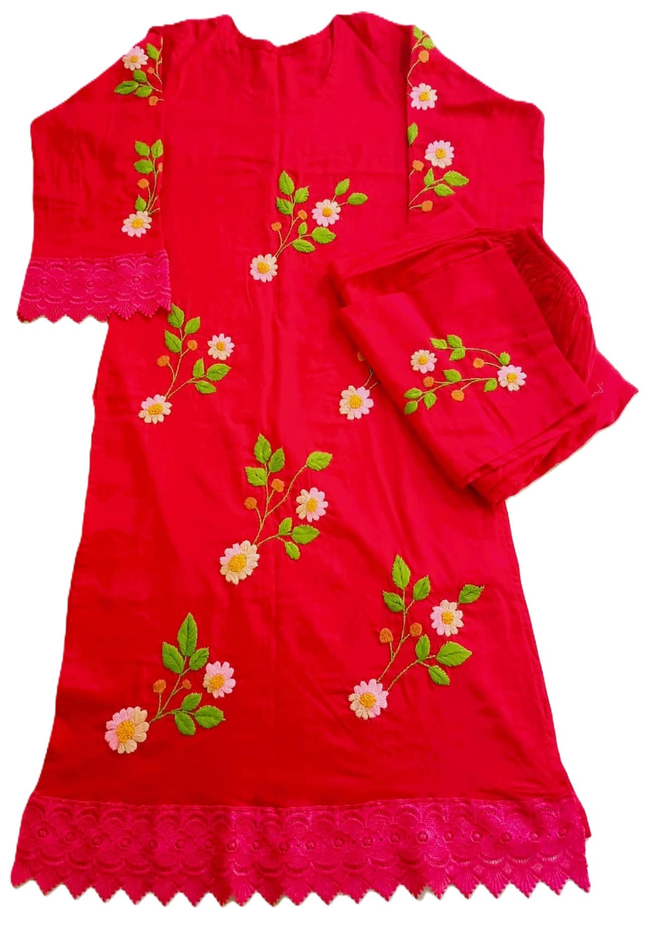 Crimson Bloom Hand-Embroidered Cotton Kurti