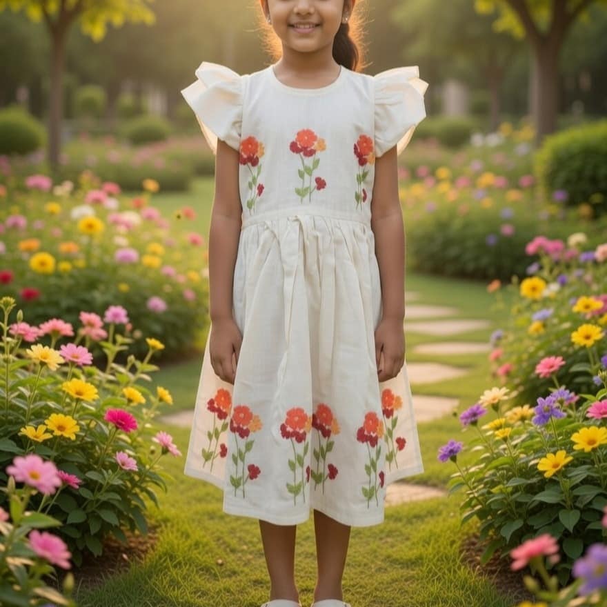 Petite Bloom Hand-Embroidered Cotton Dress